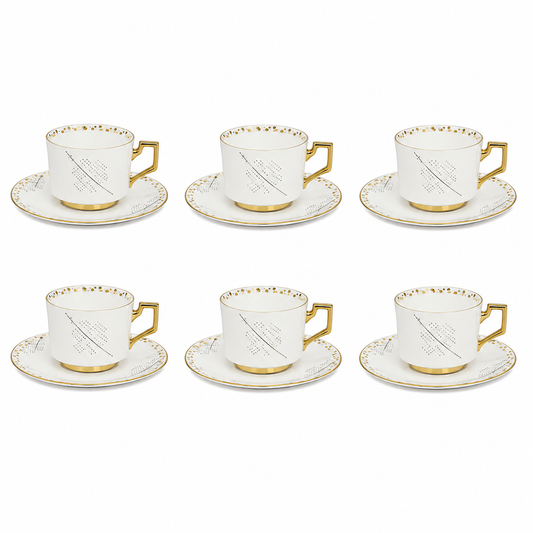 Gold Handle Porcelain Cup & Saucer Set – White Geometric Tea Set