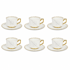 Gold Handle Porcelain Cup & Saucer Set – White Geometric Tea Set