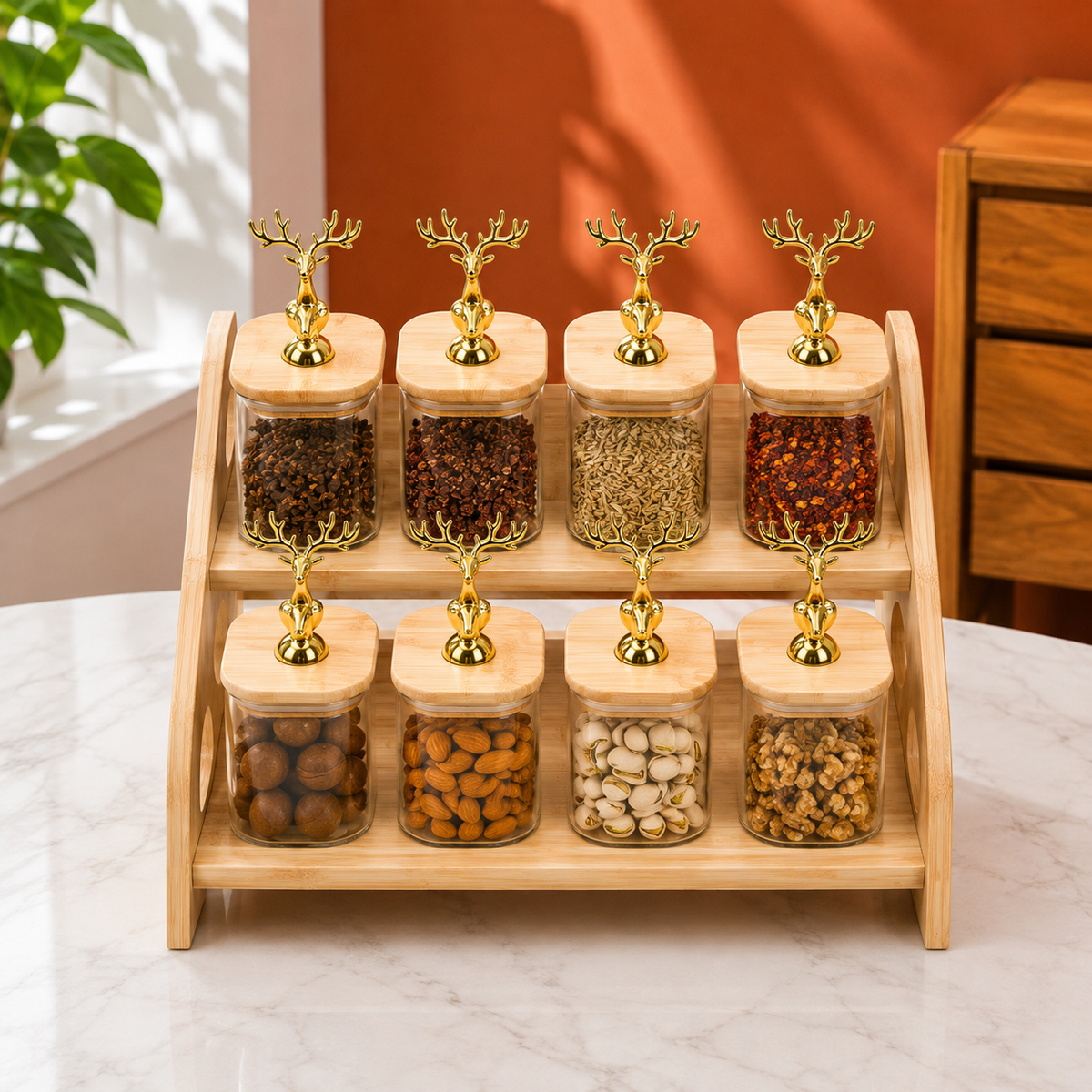 8 Piece Transparent Square Jar Set with Wooden Rack | Kitchen Storage Organizer