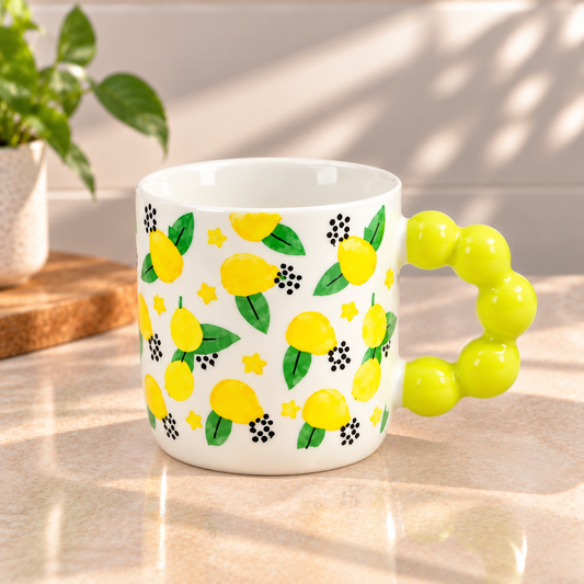 Cute Fruit Print Ceramic Coffee Mug with Beaded Handle – Colourful Tea & Coffee Cup