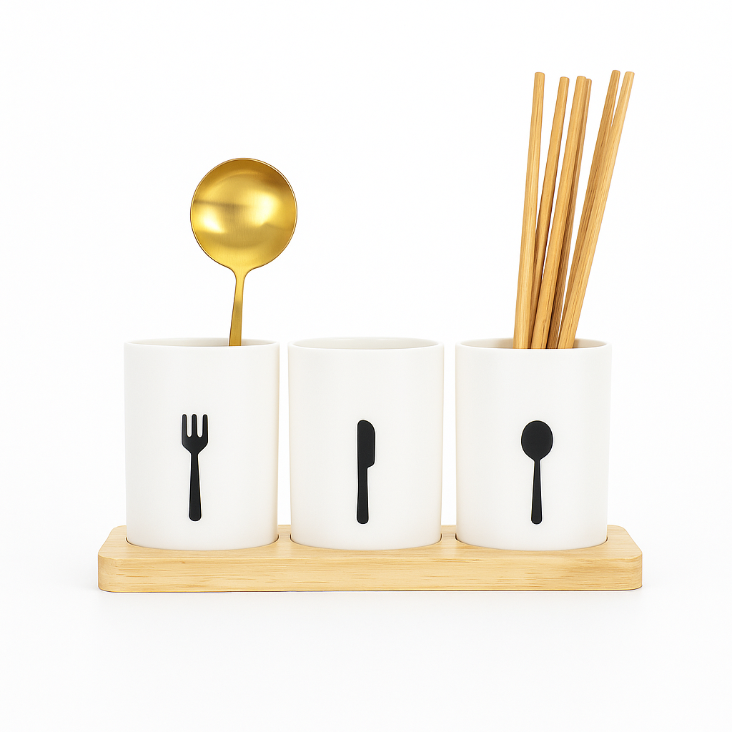 Plastic Tableware & Utensil Holder – Multi-Compartment Cutlery Organizer with Wooden Base - Habitt