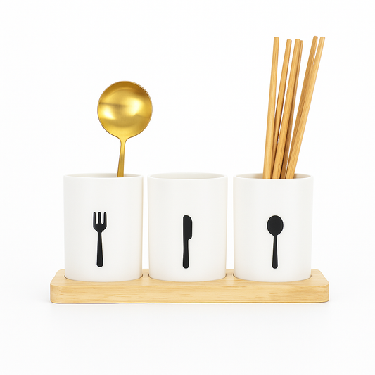 Plastic Tableware & Utensil Holder – Multi-Compartment Cutlery Organizer with Wooden Base - Habitt