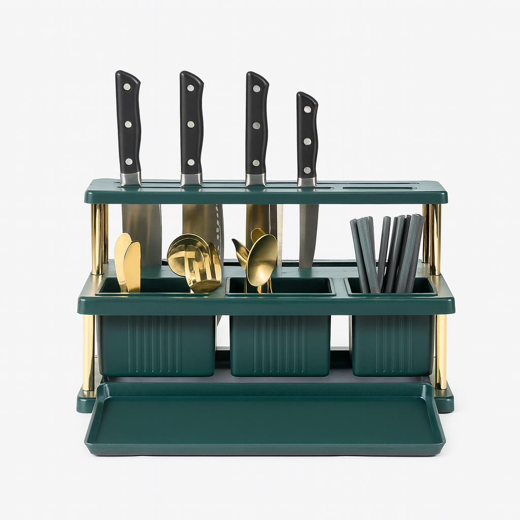 Multi-Functional Knife & Cutlery Organizer Rack – Kitchen Countertop Storage Stand for Knives, Spoons &; Utensils | 2-Tier Drain Rack with Detachable Tray - Habitt