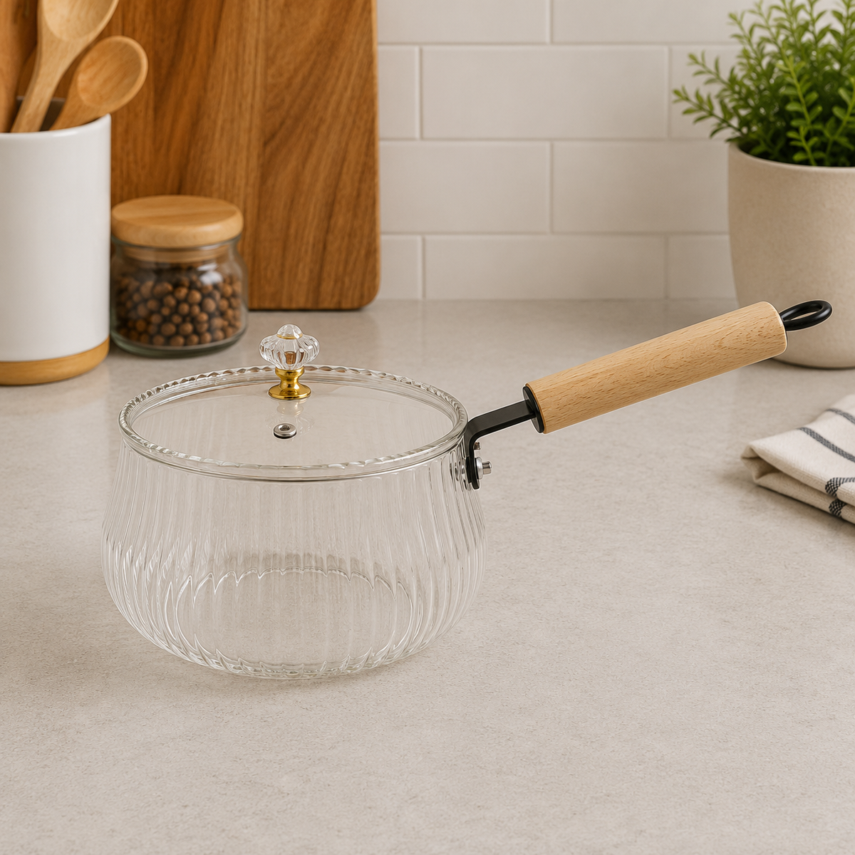 2500ML Glass Saucepan with Wooden Handle & Lid | Saucepan