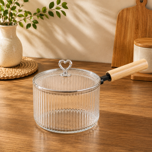 1800ML Glass Saucepan with Wooden Handle | Glass Saucepan