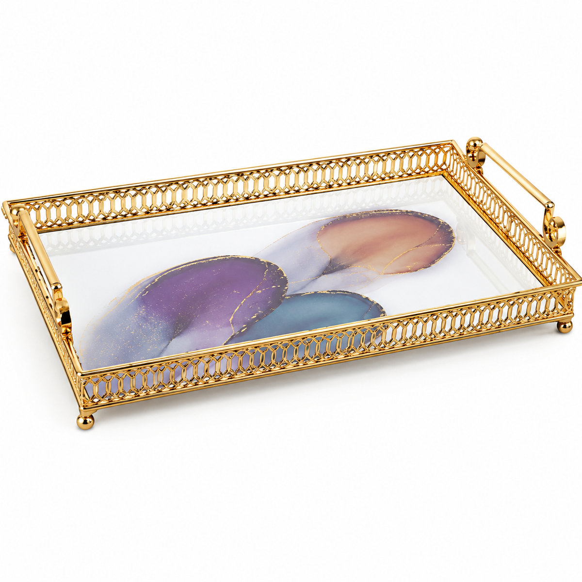 Luxury Gold Decorative Serving Tray with Abstract Glass Base & Handles