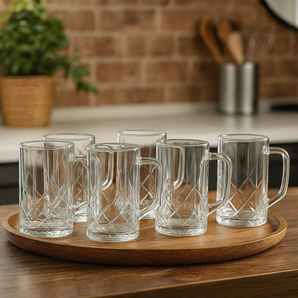 Diamond-Cut Textured Clear Glass Juice Mug 400 ml with Handle – Set of 6 | Premium Patterned Drinkware for Home & Café - Habitt