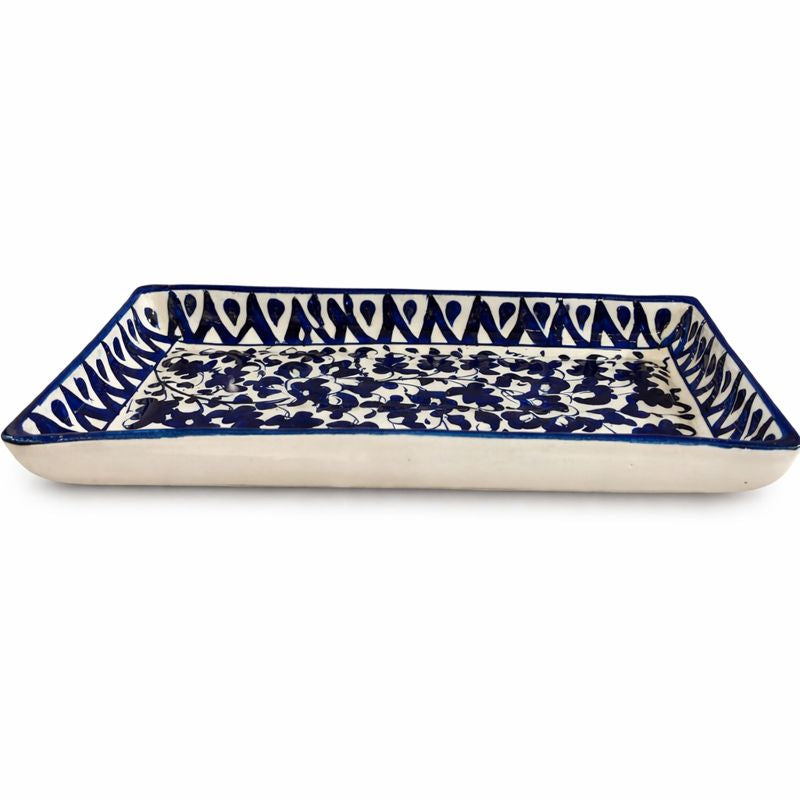 Handcrafted Blue Pottery Rectangle Platter – Floral Design (11 × 4.5 Inches) - Habitt