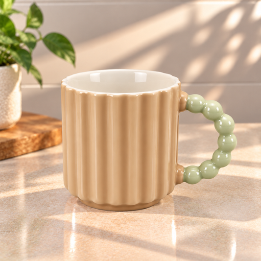 Pastel Ribbed Ceramic Coffee Mug with Beaded Handle – Cute Tea & Coffee Cup