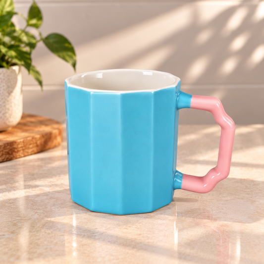 Blue Octagon Mug with Pink Handle – Modern Geometric Coffee & Tea Mug