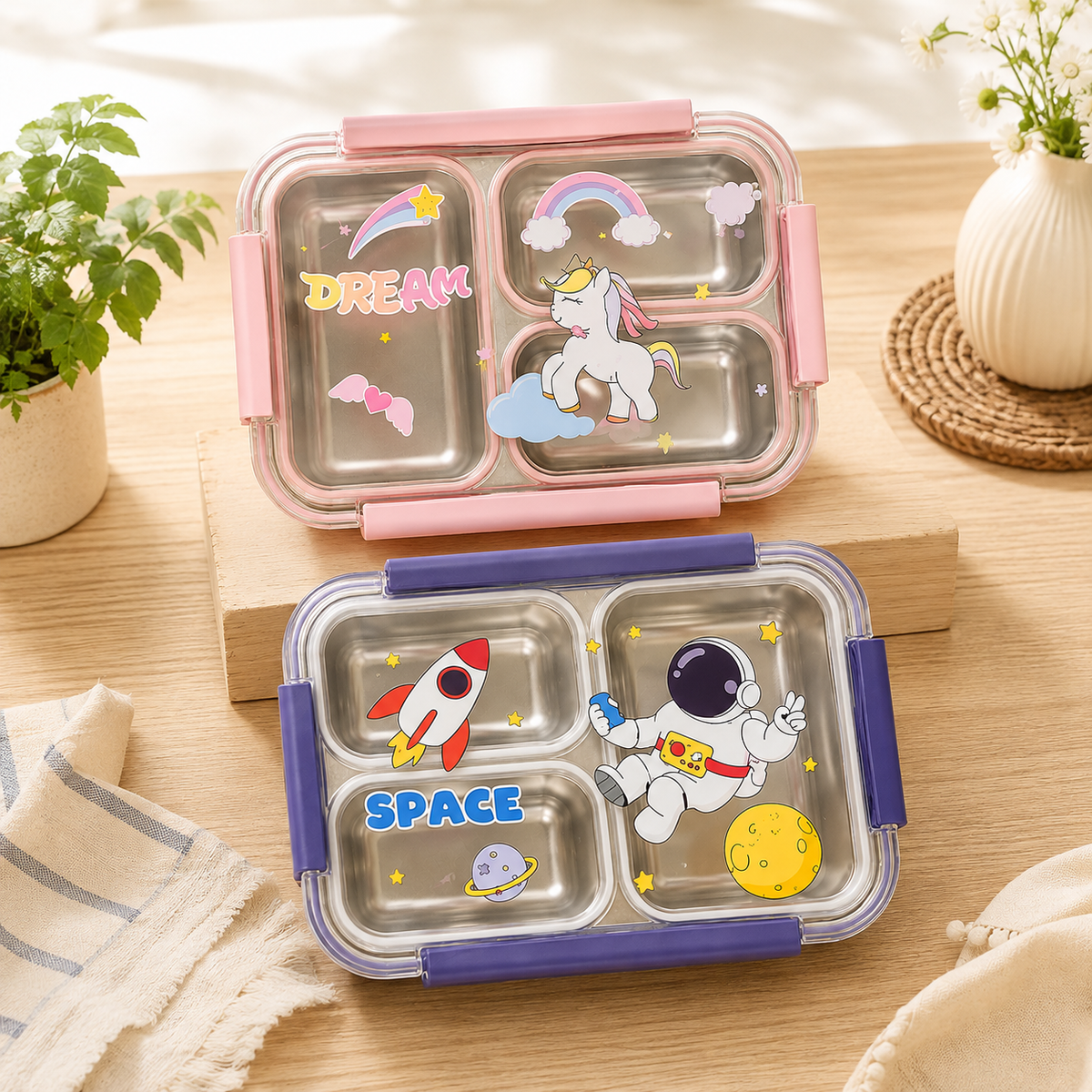 Assorted  design 3-Compartment Stainless Steel Lunch Box with Spoon | Leakproof Kids Bento Lunch Box for School, Office & Travel | Reusable Food Storage Container