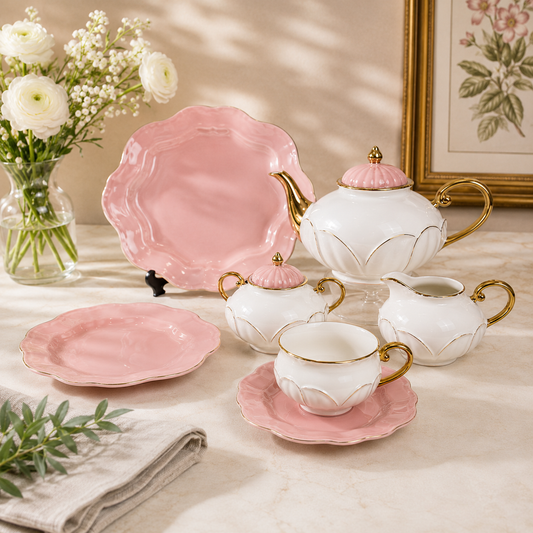 Forsacchi Premium Porcelain Tea Set – Elegant White & Blush Pink Ceramic Tea Set with Gold Accent, Teapot, Cups, Saucers & Serving Plates for 6 Persons | Luxury Tea & Coffee Serving Set