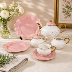 Forsacchi Premium Porcelain Tea Set – Elegant White & Blush Pink Ceramic Tea Set with Gold Accent, Teapot, Cups, Saucers & Serving Plates for 6 Persons | Luxury Tea & Coffee Serving Set