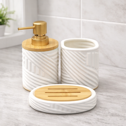 3-Piece Round Bathroom Accessories Set – Soap Dispenser, Toothbrush Holder & Soap Dish White & Black  Color Options - Habitt