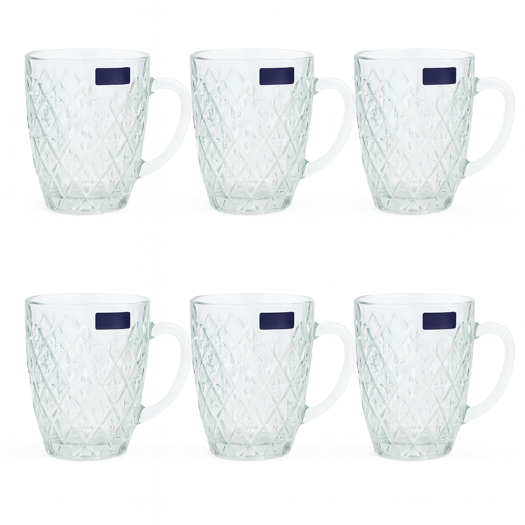 520 ml Crystal-Pattern Juice Mug – Heavy-Duty Glass Mug Set of 6 for Water, Juice, Shakes & Beverages - Habitt