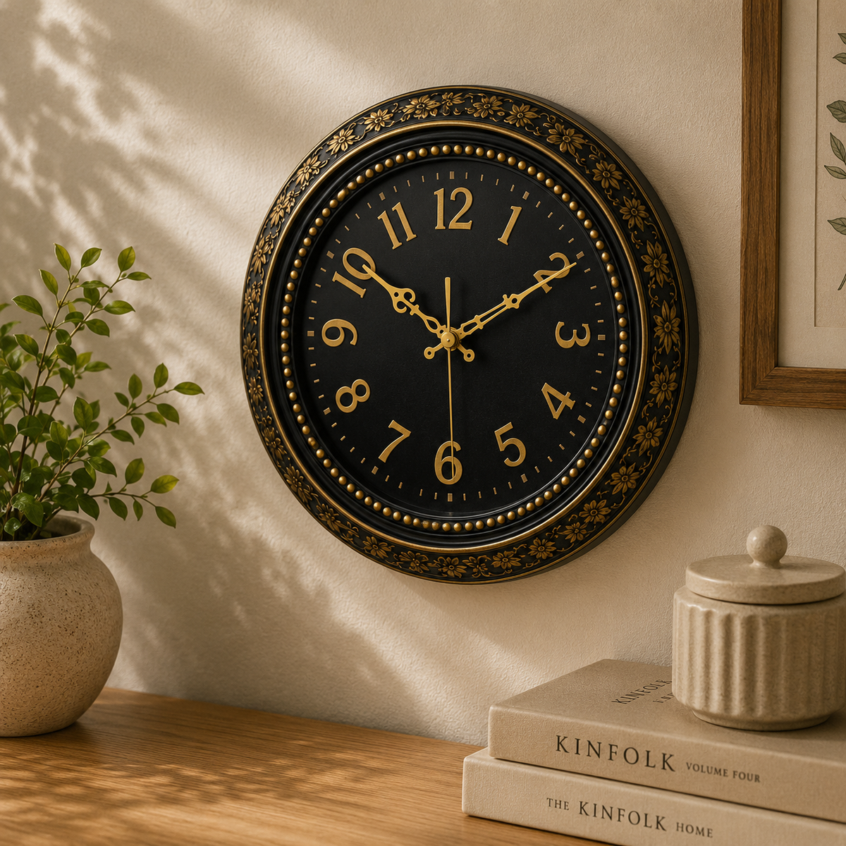 Heritage Hazel Wall Clock 14.5 Inch – Elegant Black & Gold Floral Design with Classic Numerals (Plastic)  Description