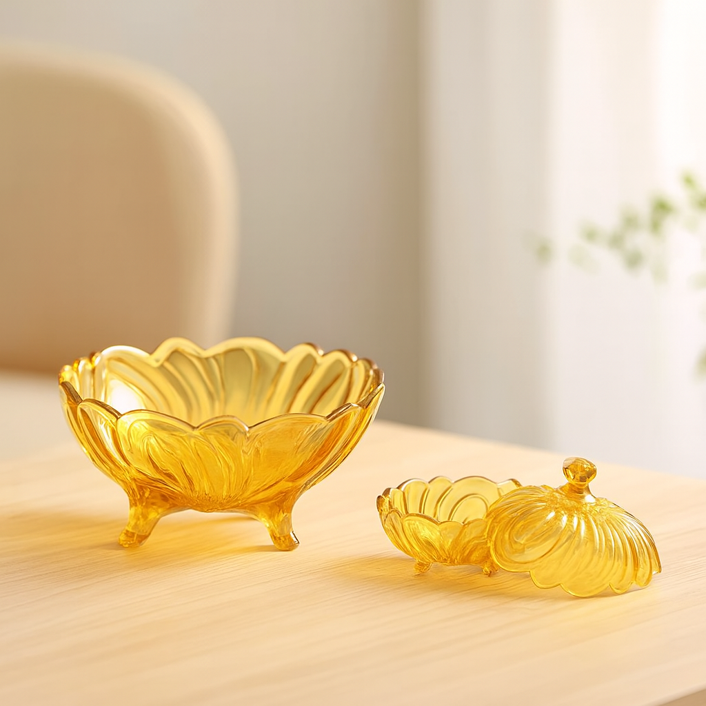 Amber-Tinted Footed 7-Piece Fruit Bowl & Serving Set – Elegant Pressed-Glass Colour Collection - Habitt
