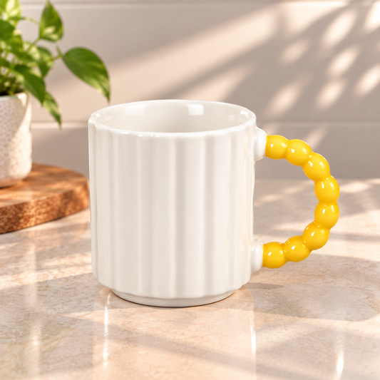 Pastel Ribbed Ceramic Coffee Mug with Beaded Handle – Cute Tea & Coffee Cup