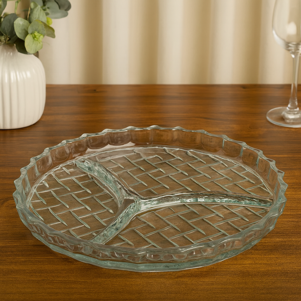 Clear Pressed-Glass 3-Section Dry Fruit Tray – 1 Piece, 224 mm Diameter - Habitt