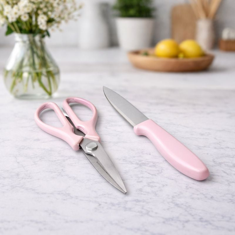 2 Pcs Kitchen Knife & Scissor Set – Pink - Habitt