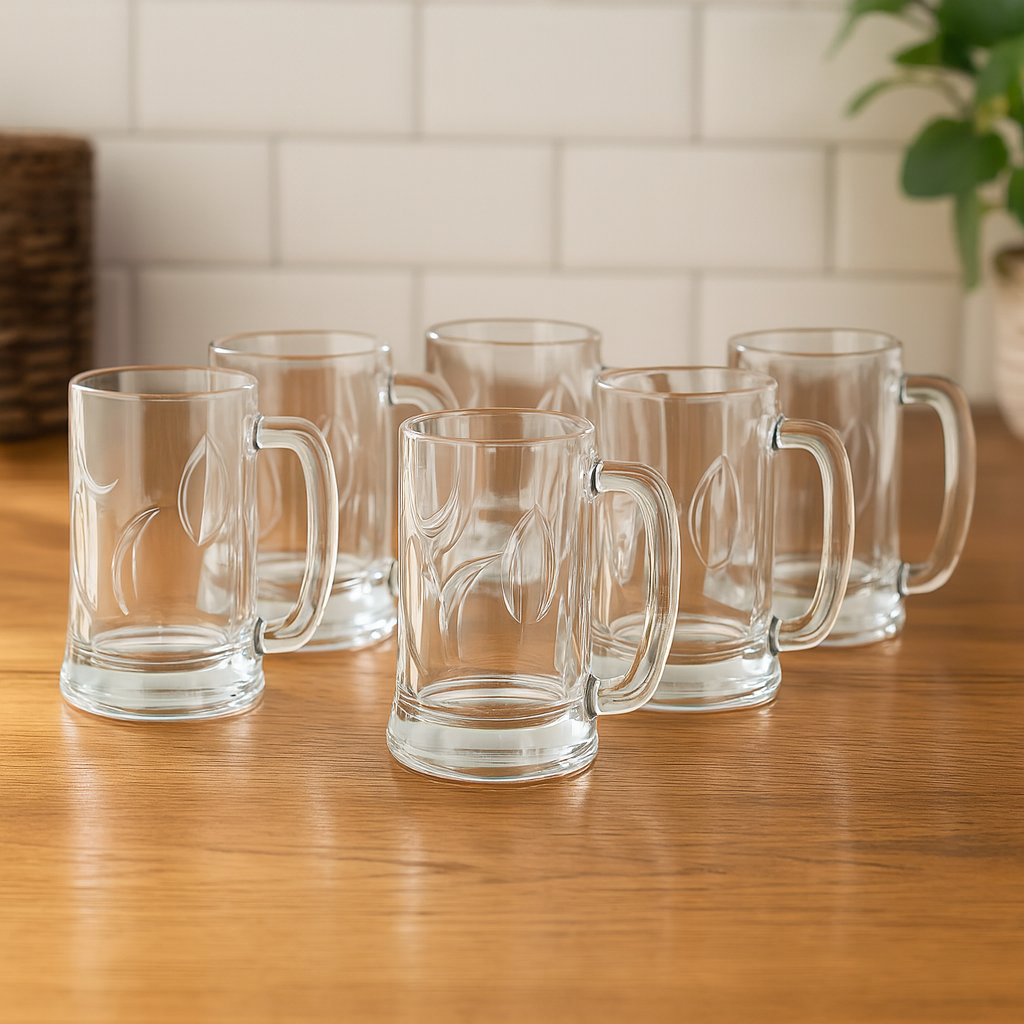 Textured Clear Glass Juice Mug with Handle 400 ml – Set of 6 | Premium Patterned Drinkware for Home & Café - Habitt