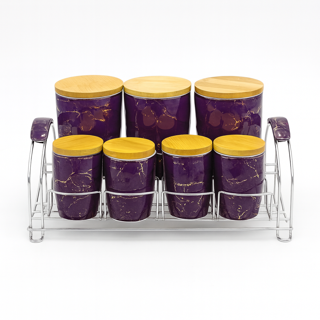 7 Pcs Canister Set with Wooden Lid 2673-V – Purple Marble Kitchen Storage Jars with - Habitt