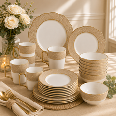 Premium Porcelain Dinner Set – Embossed Floral Design with Gold Rim