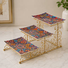 3-Step Glass Serving Stand with Gold Metal Frame | Elegant Dessert Display