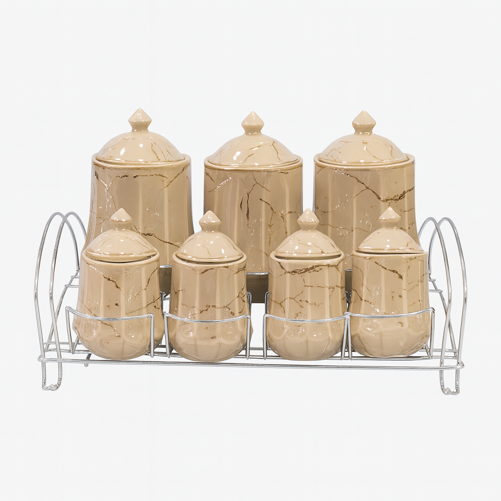 7 Pcs Canister Set with Ceramic Lid 2746-B – Beige Marble Kitchen Storage Jars - Habitt
