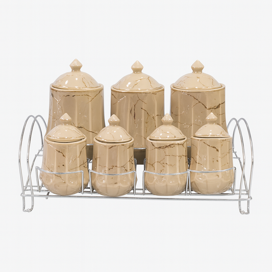 7 Pcs Canister Set with Ceramic Lid 2746-B – Beige Marble Kitchen Storage Jars - Habitt