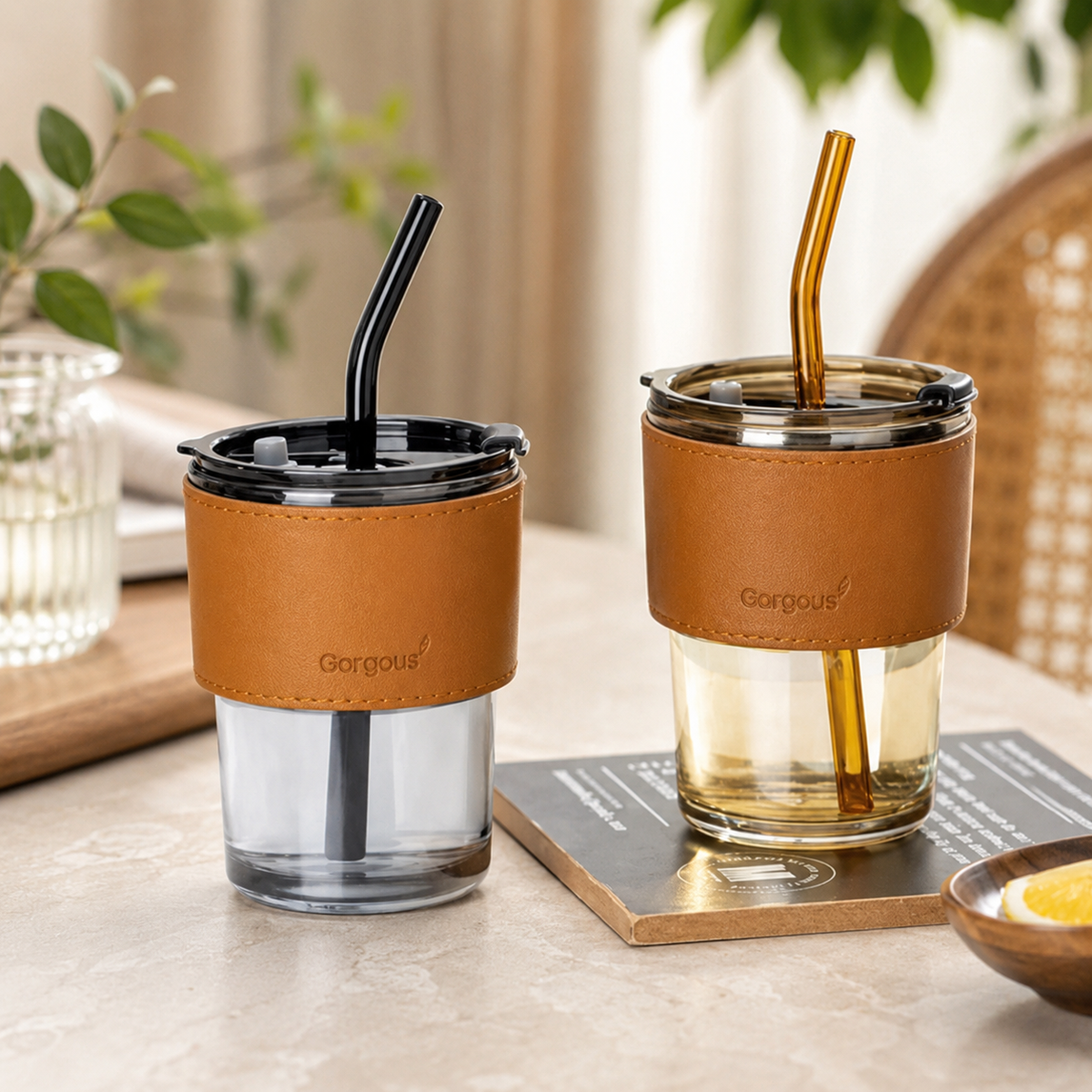 Assorted Small Masson Jar with Leather Cover & Straw – 350ml Premium Glass Tumbler