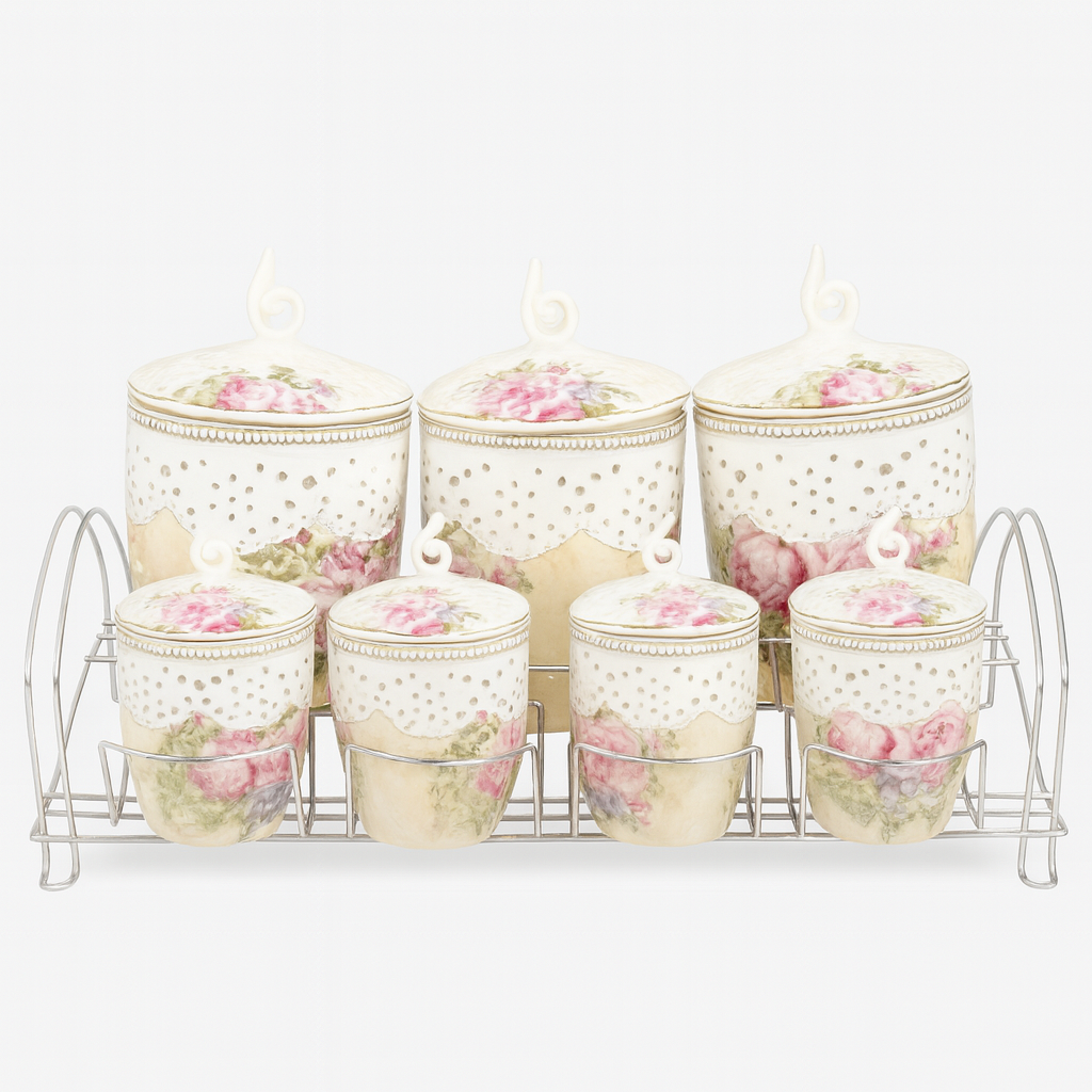 7 Pcs Canister Set with Ceramic Lid 2407 – Floral Vintage Kitchen Storage Jars - Habitt