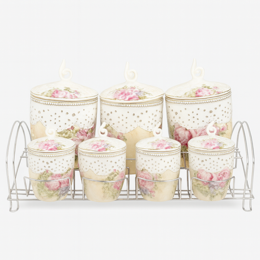 7 Pcs Canister Set with Ceramic Lid 2407 – Floral Vintage Kitchen Storage Jars - Habitt