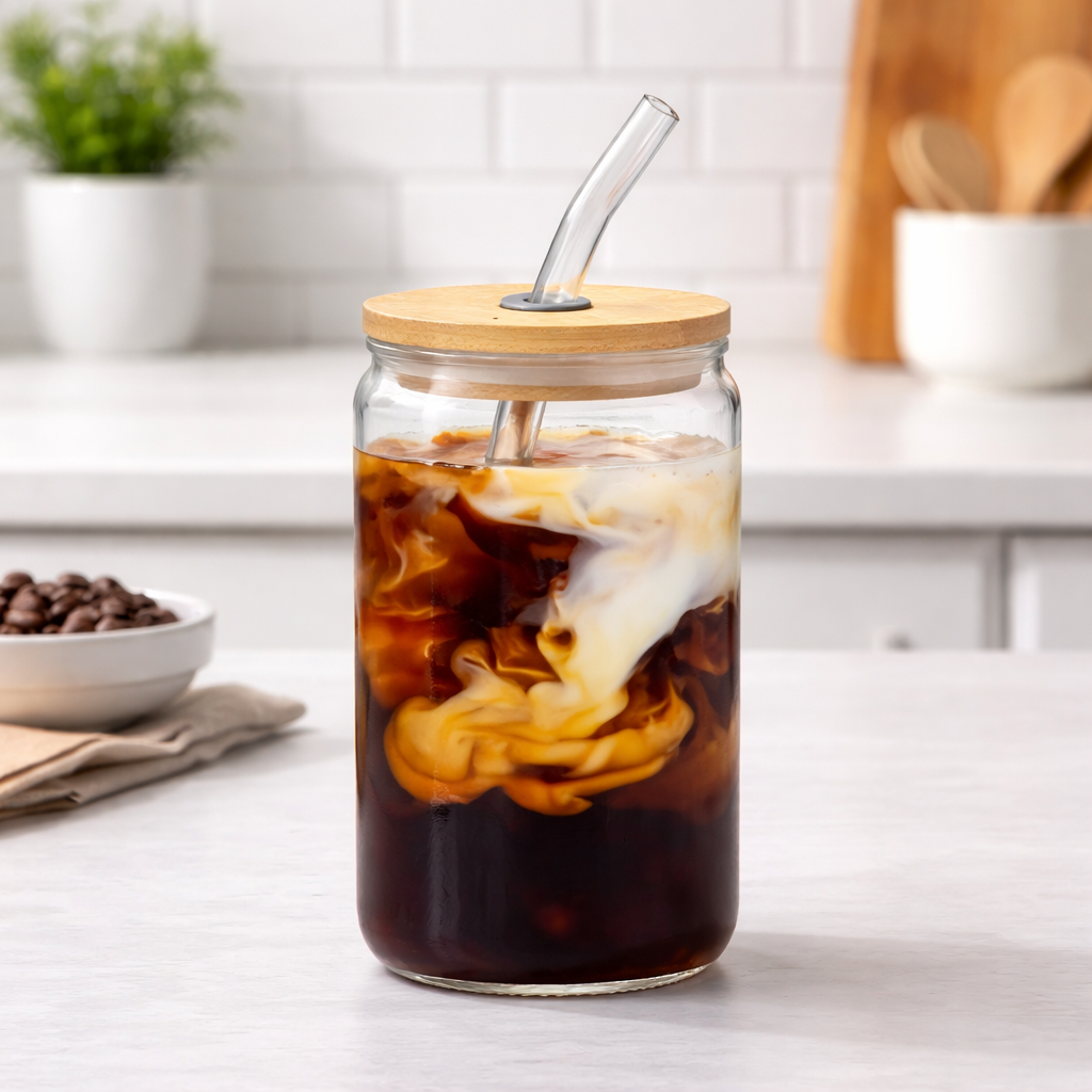 Straw Glass – Clear Drinking Glass with Bamboo Lid & Reusable Straw - Habitt