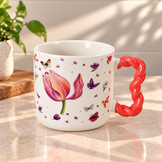 Floral Tulip Mug with Red Twisted Handle – 500ml Butterfly & Flower Design Mug