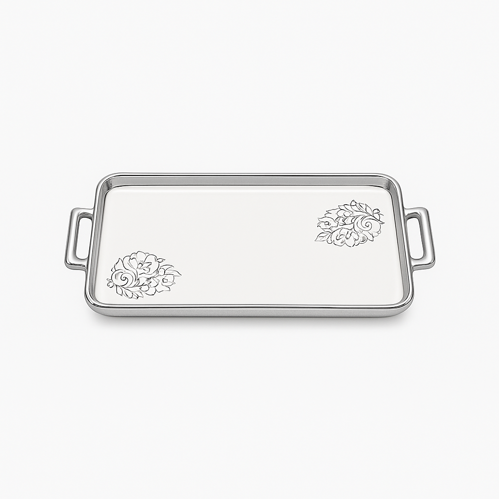 Serving Plate Flat (with Base) – White Ceramic Tray with Silver Handles - Habitt