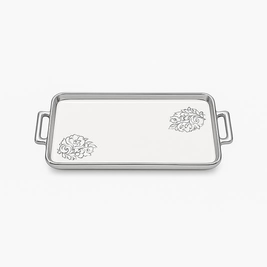 Serving Plate Flat (with Base) – White Ceramic Tray with Silver Handles - Habitt