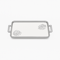 Serving Plate Flat (with Base) – White Ceramic Tray with Silver Handles - Habitt