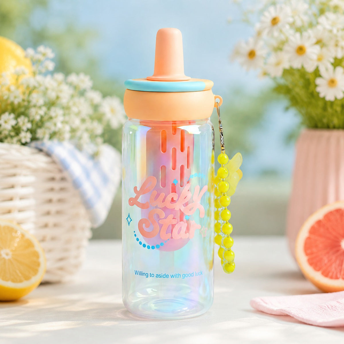 Orange 900ml Lucky Star Water Bottle with Straw & Charm