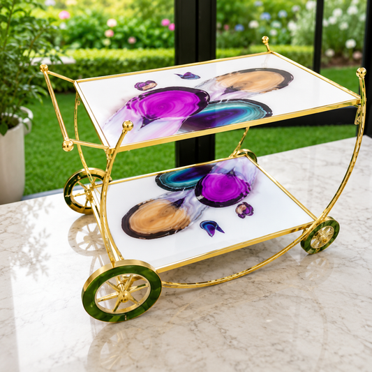 Luxury Gold 2-Tier Serving Cart with Artistic Glass Shelves | Premium Rolling Beverage Trolley