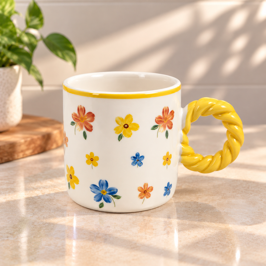 Floral Ceramic Coffee Mug with Twisted Handle – Colourful Tea & Coffee Cup