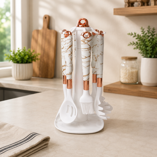 7 PCS Premium White Silicone Kitchen Utensil Set with Marble Handles & Rotating Stand | Heat-Resistant Cooking Spoon Set