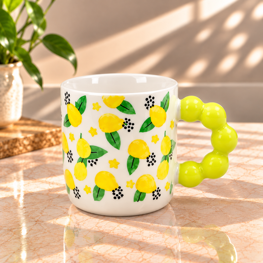 Cute Fruit Print Ceramic Coffee Mug with Beaded Handle – Colourful Tea & Coffee Cup