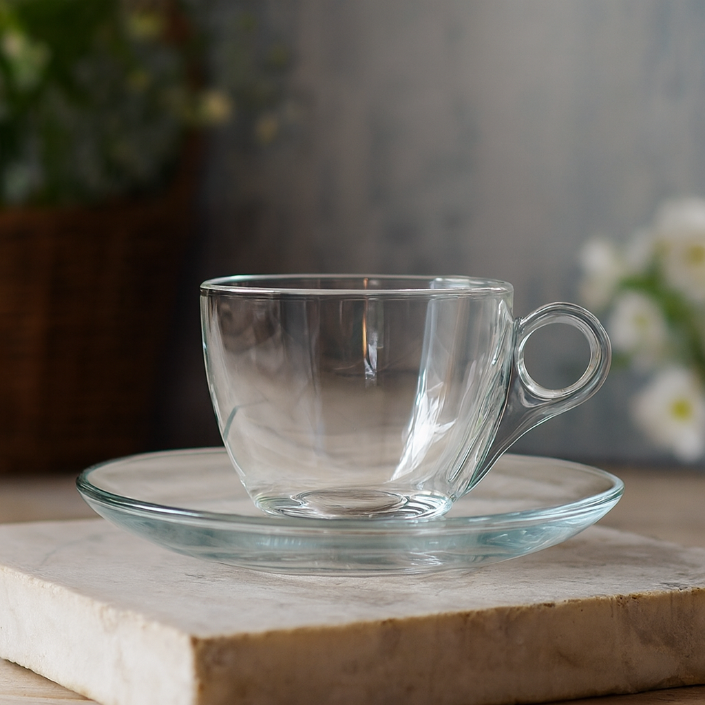 Glass Cup & Saucer Set – 12-Piece Premium Clear Glassware (190 ml Cups) - Habitt