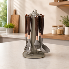 7 PCS Premium Grey Silicone Kitchen Utensil Set with Wooden Handles & Rotating Stand | Heat-Resistant Cooking Spoon Set