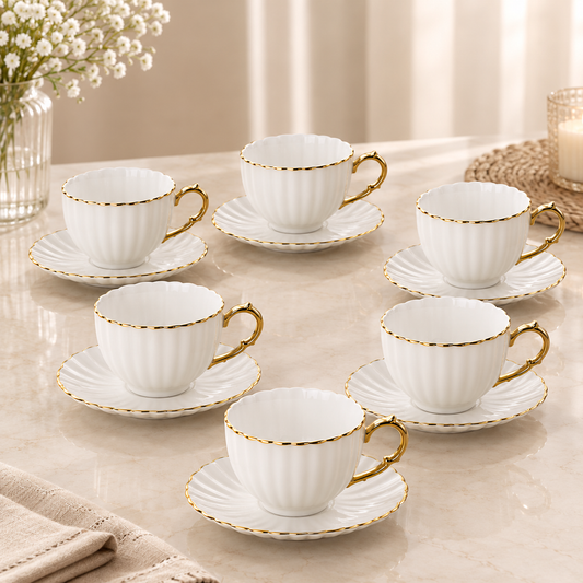 Golden Handle Porcelain Cup & Saucer Set – White & Gold