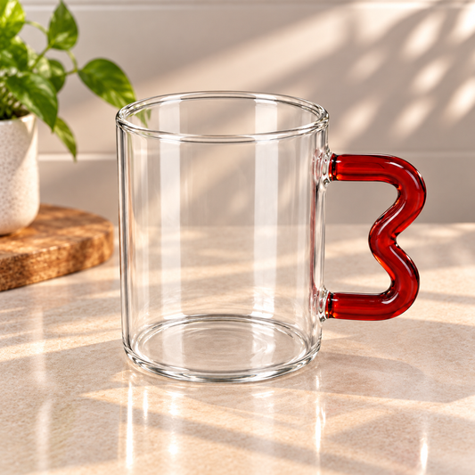 Clear Glass Mug with Red Wavy Handle – Modern Design