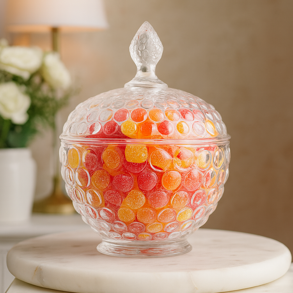 Textured Clear Pressed-Glass Candy Jar with Lid – Elegant Round Sweet Container - Habitt