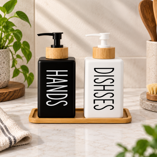 Hands & Dishes Glass Soap Dispenser Set with Wood Base – Square & Round