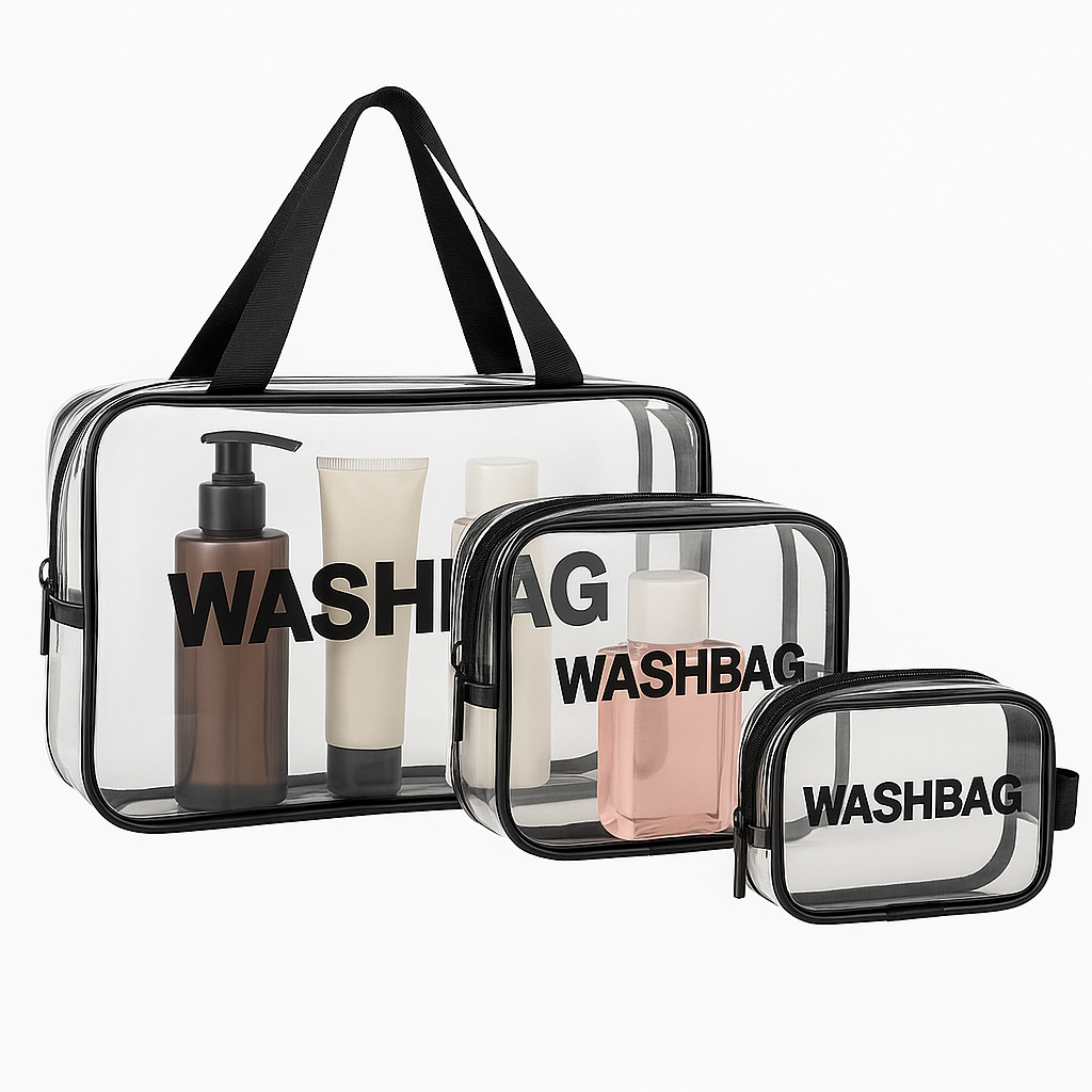 3PCS Transparent Wash Bag Set – Waterproof Travel Toiletry Organizer - Habitt